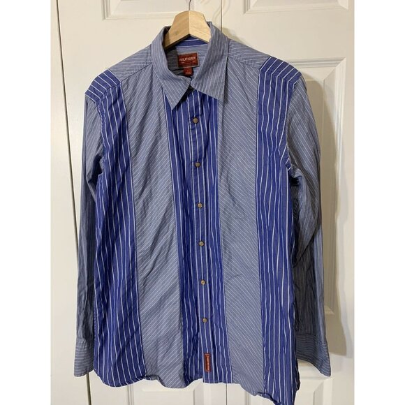 Tommy Hilfiger Red Label Western Pearl-Snap Button Blue-White Stripe M Long Slve - Picture 3 of 7